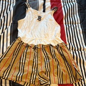 Burberry Kids Bodysuit in White and Tan with Black and Red Stripes